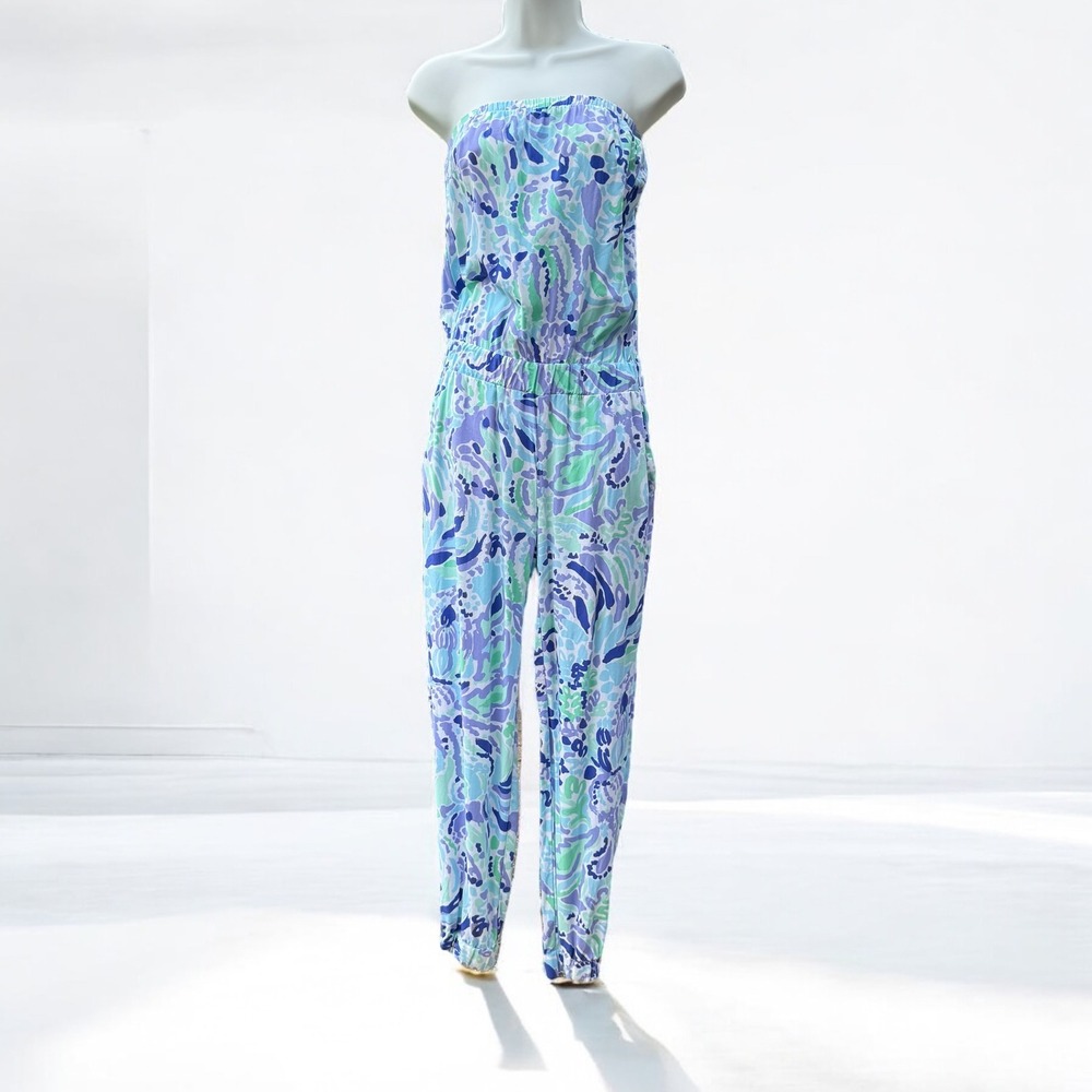 Lilly Pulitzer Strapless Jumpsuit Blue Purple Green XS Summer Romper